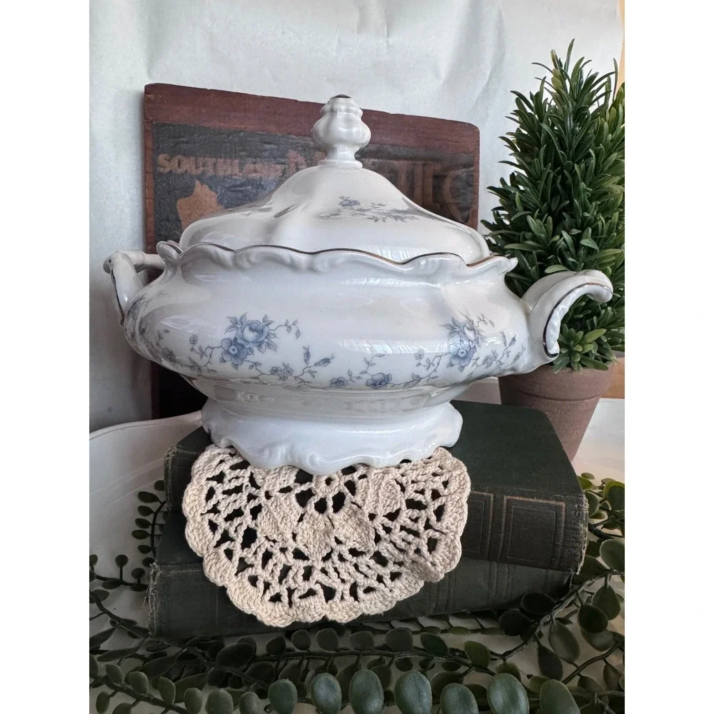 Vintage White Porcelain Soup Tureen Blue Floral Gold Trim Scalloped Lid 11in